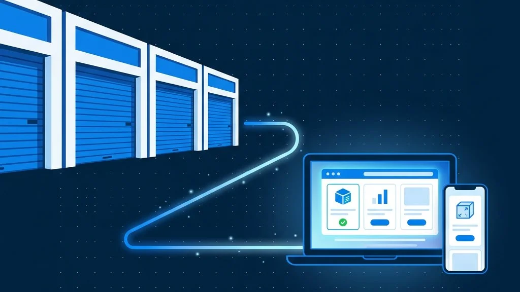 Self-storage units connected by a glowing line to a laptop and phone showing live unit availability, illustrating Stora self-storage software syncing to an operator’s own website