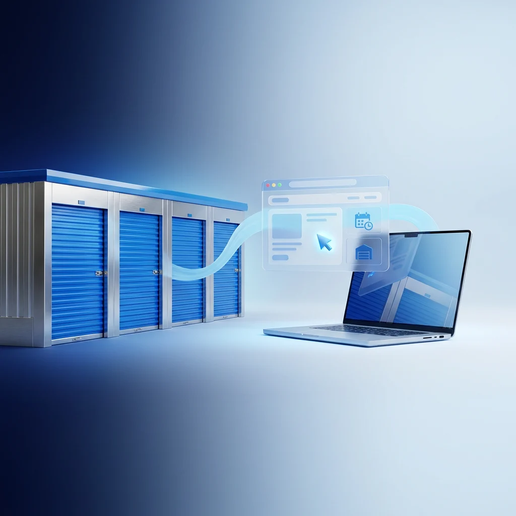 A row of self-storage units connecting to a website and laptop, representing online booking