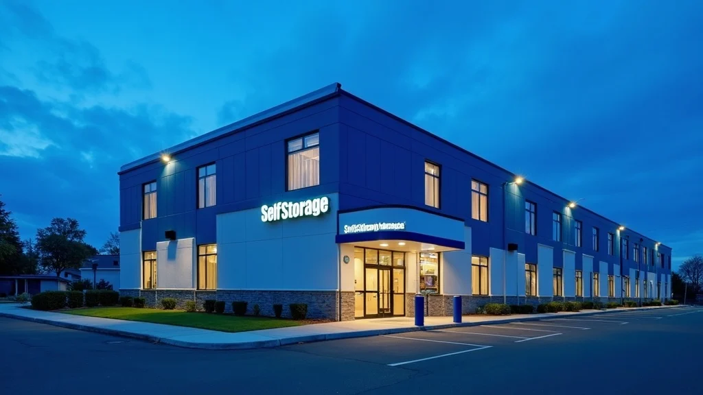 Modern self-storage facility building at dusk