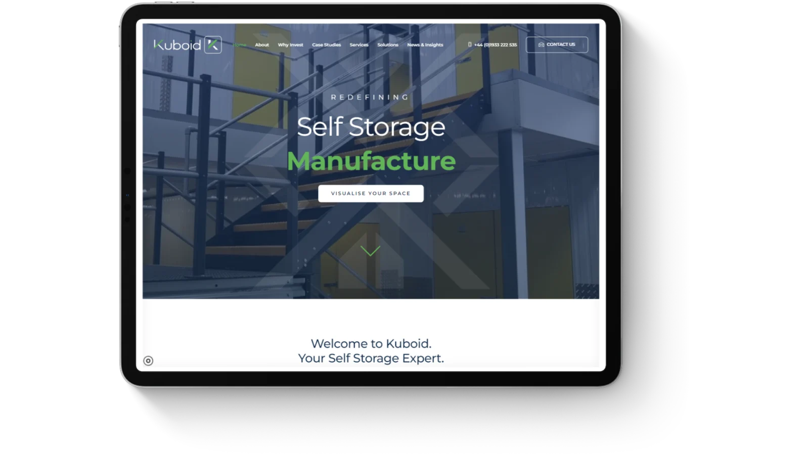 The Kuboid self storage website homepage shown on a tablet