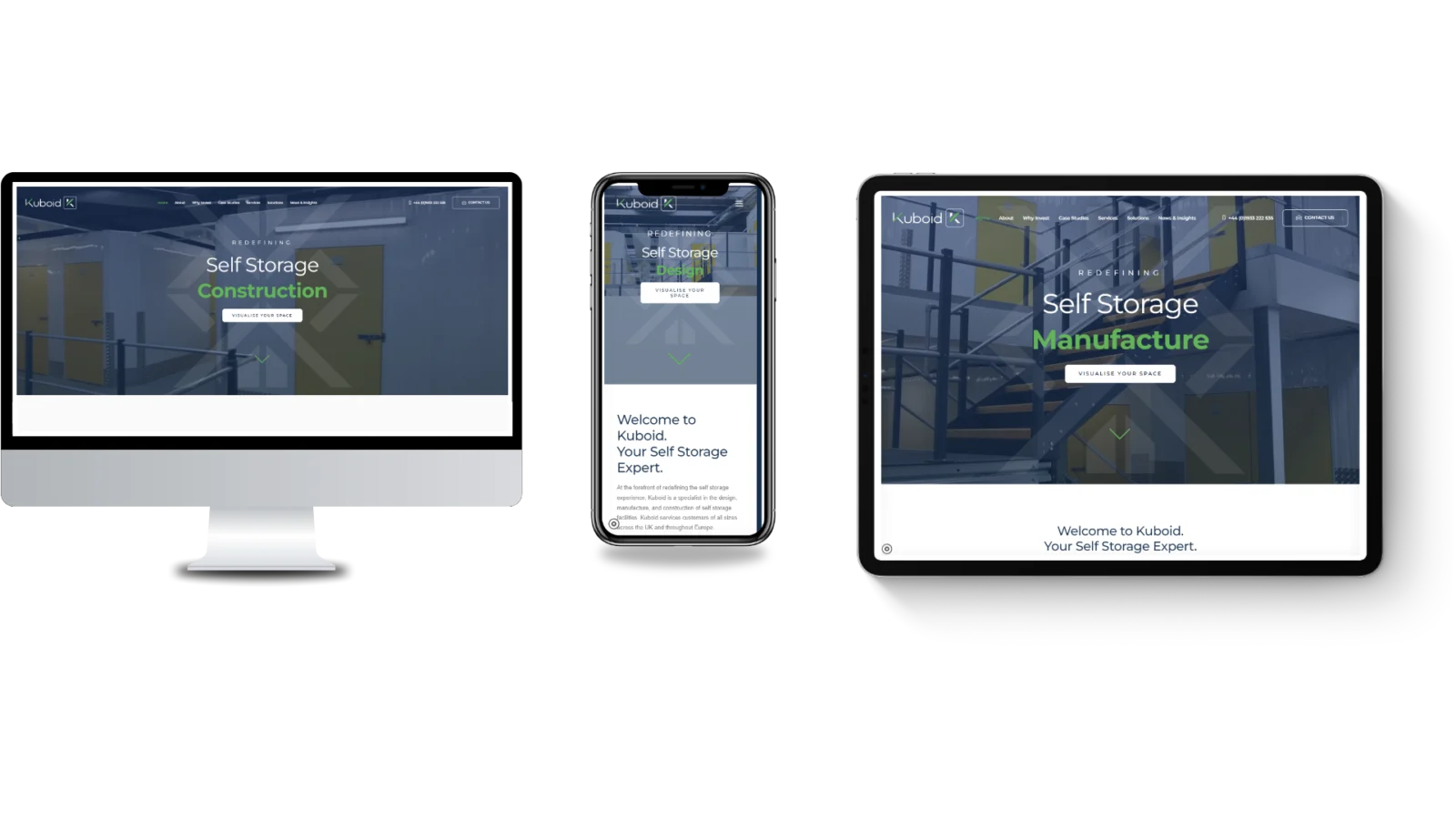 The Kuboid self storage website displayed across desktop, phone and tablet screens