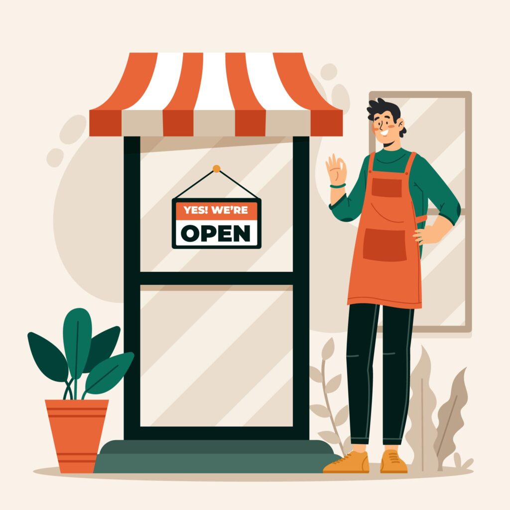 Illustration of a smiling shop owner standing beside a 'yes, we're open' sign