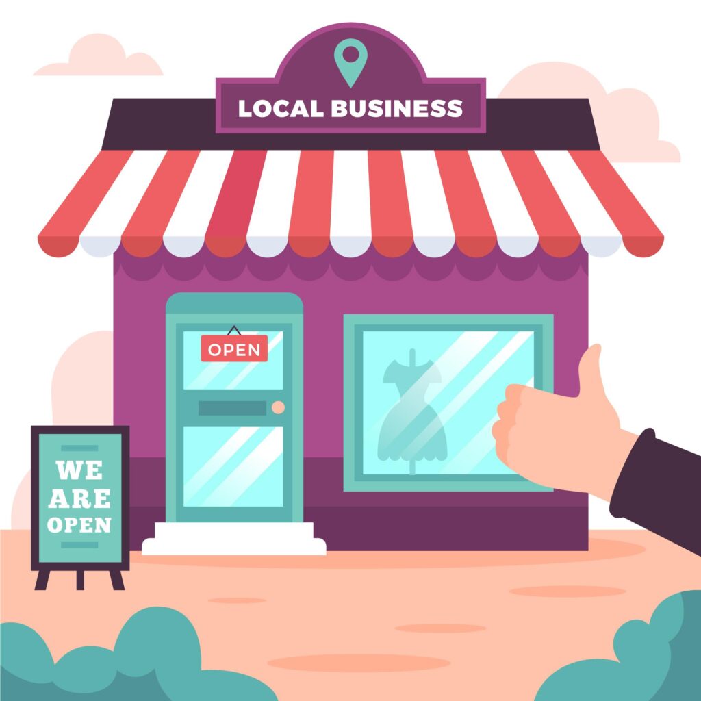 Illustration of a local business storefront with an 'open' sign and a thumbs up