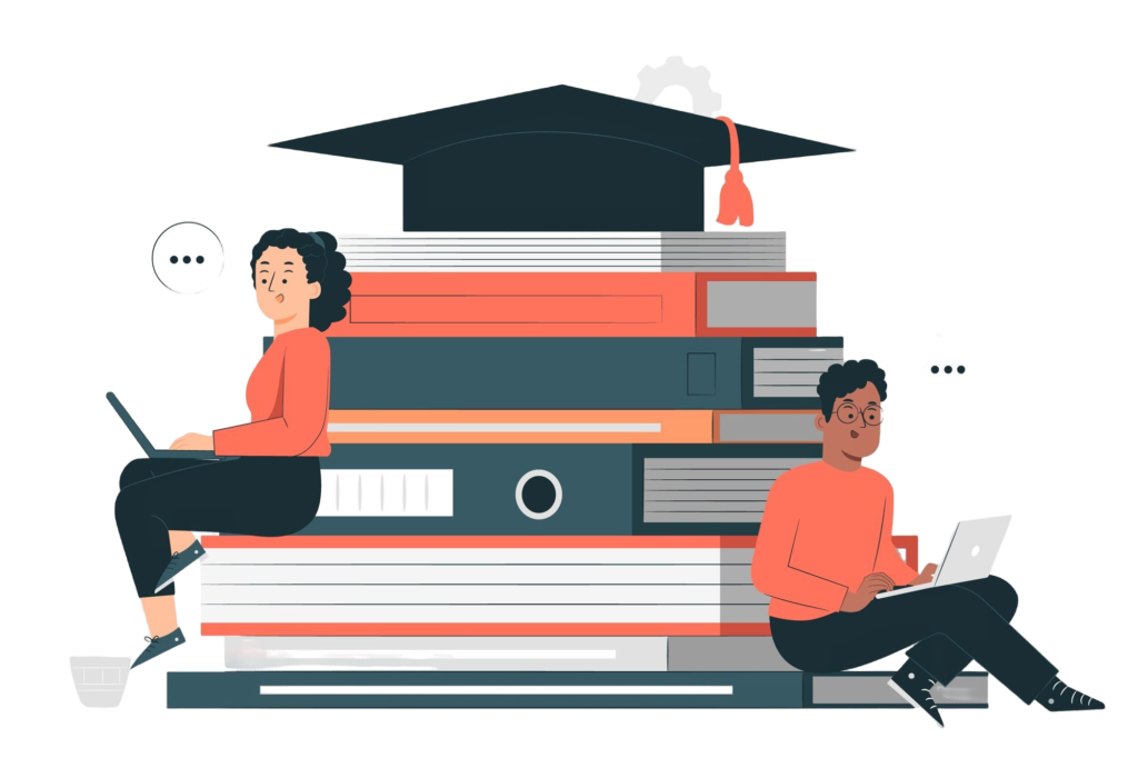 10 Growing Industries That Benefit Hugely from SEO 5 Illustration of two students studying with laptops beside a stack of books and a graduation cap, representing the education and e-learning industry