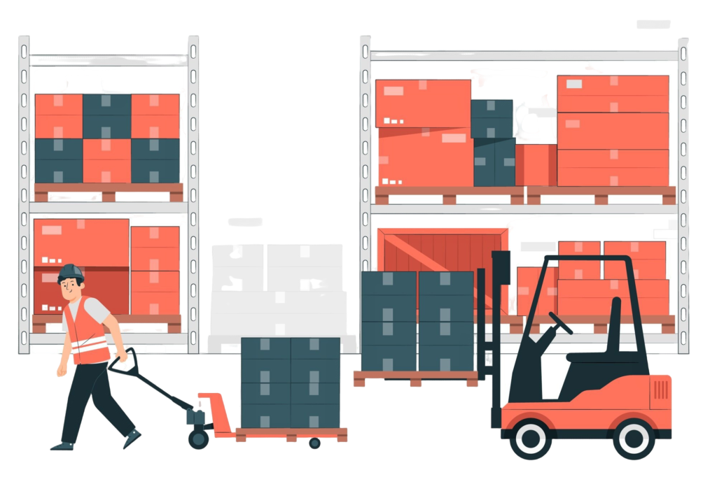10 Growing Industries That Benefit Hugely from SEO 1 Illustration of a warehouse worker moving stacked storage boxes on a pallet jack, representing the self storage industry