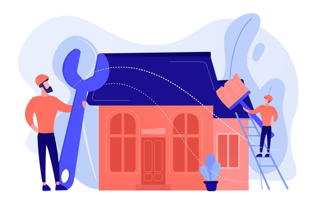 10 Growing Industries That Benefit Hugely from SEO 8 Illustration of tradespeople repairing and painting a house exterior, representing the home improvement and contracting industry