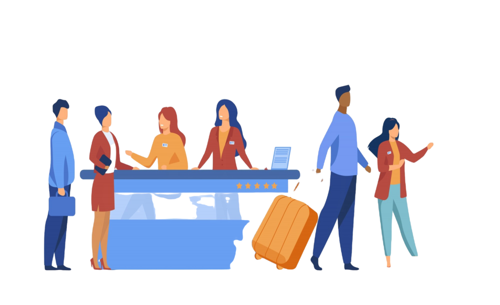 10 Growing Industries That Benefit Hugely from SEO 9 Illustration of hotel guests checking in at a reception desk with luggage, representing the hospitality and travel industry