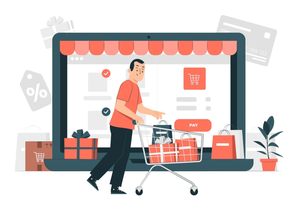 10 Growing Industries That Benefit Hugely from SEO 4 Illustration of a person shopping online with a cart on a laptop screen, representing the e-commerce industry