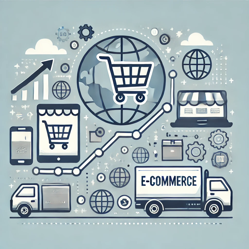 Illustration representing e-commerce growth, showing a shopping cart, delivery truck and digital devices