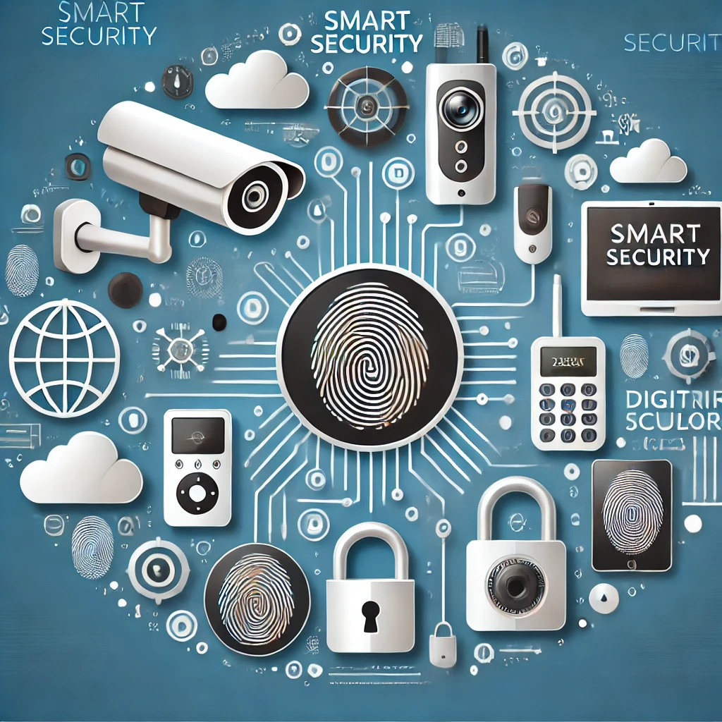 Illustration representing smart security, showing a CCTV camera, digital locks and a fingerprint scanner
