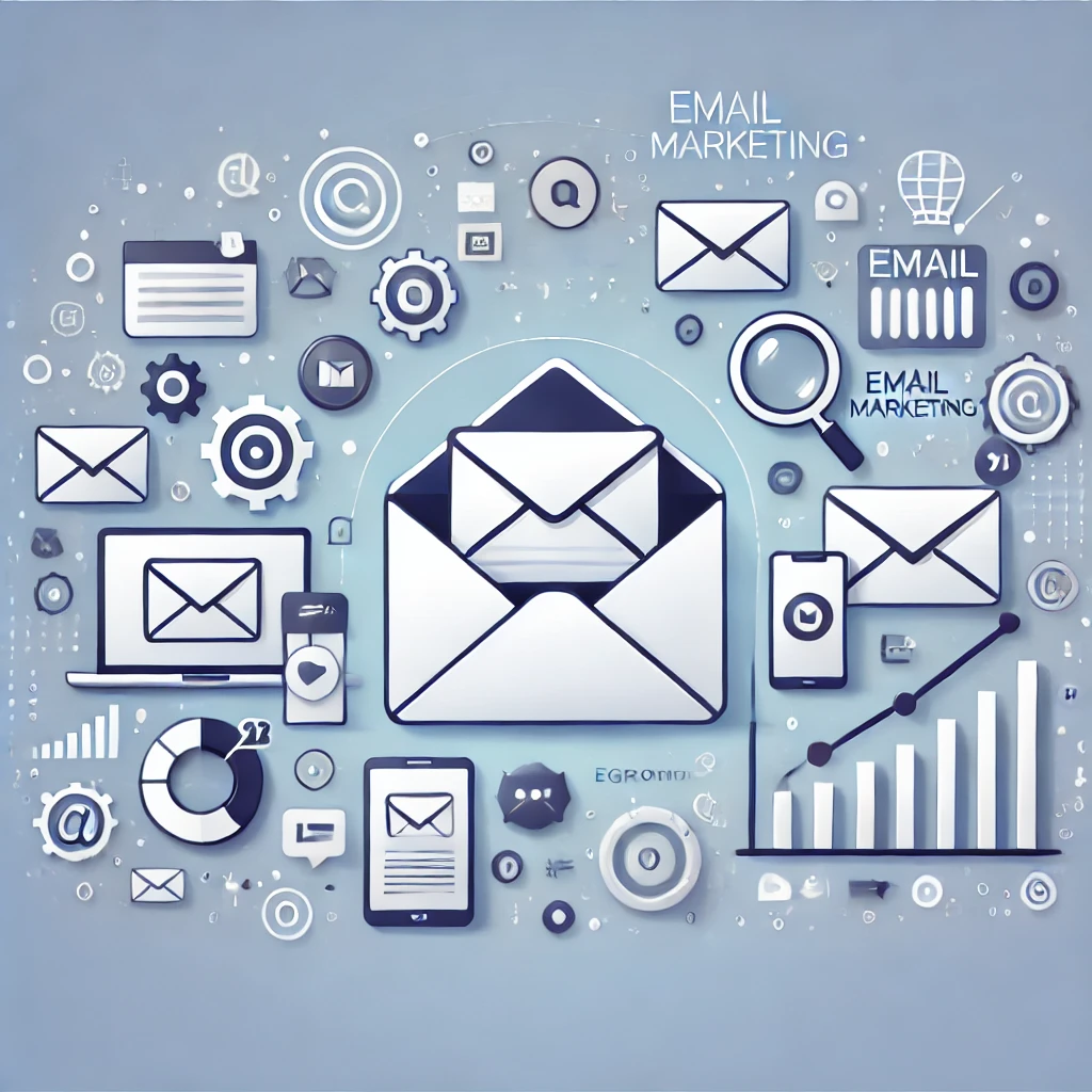 Illustration representing email marketing, showing an envelope icon, digital devices and engagement graphs