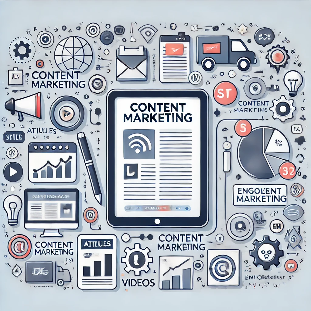 Illustration representing content marketing, showing a digital tablet surrounded by icons of articles, videos and graphics