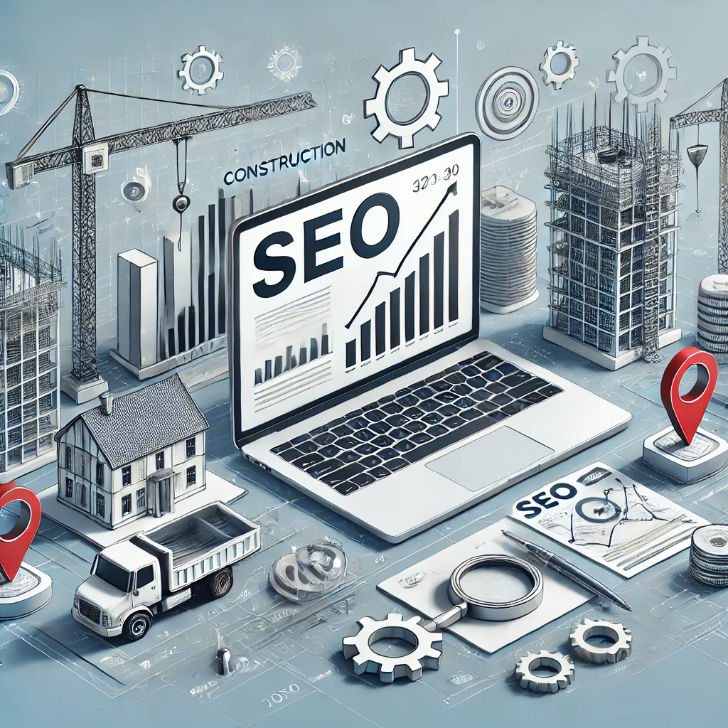 Illustration of a construction site with a laptop showing an SEO growth chart beside a house and delivery truck