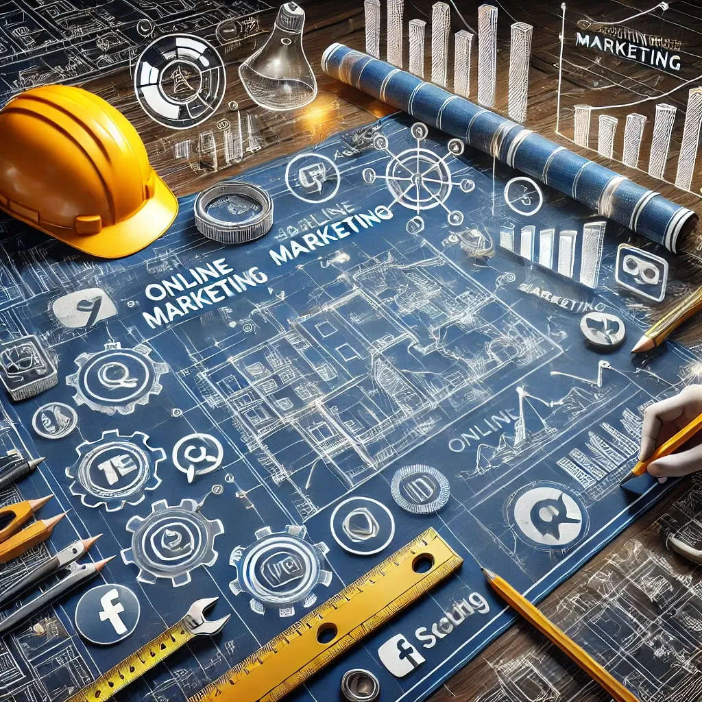 Illustration of a construction marketing blueprint with a hardhat, charts and social media icons
