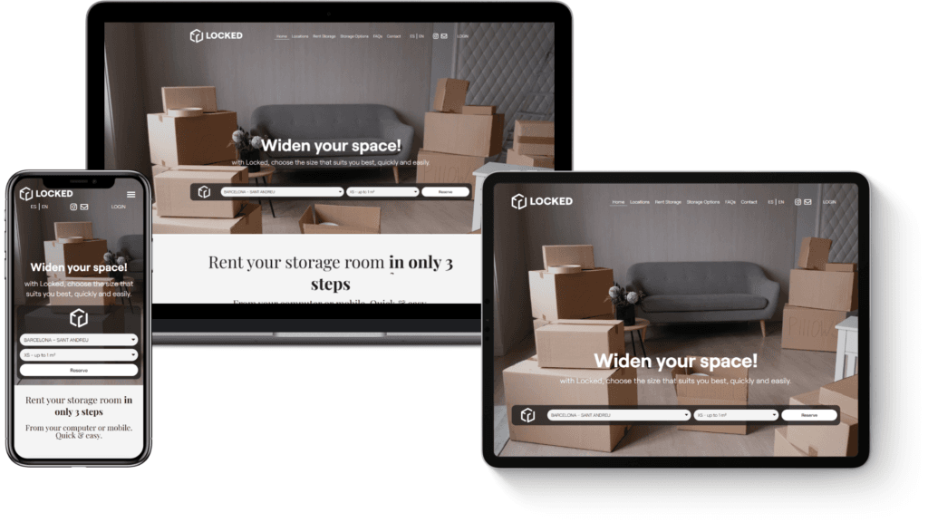 The Locked storage website displayed across desktop, phone and tablet, reading 'Widen your space!'