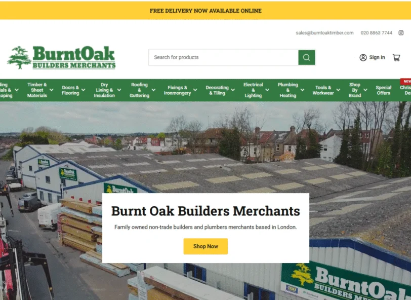 The rebuilt Burnt Oak Builders Merchants Shopify store homepage