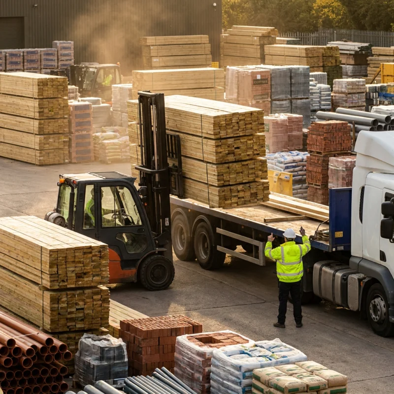 Forklift loading timber onto a delivery lorry at the yard