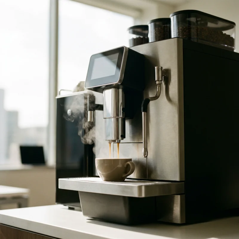 Sleek bean-to-cup office coffee machine dispensing fresh coffee, representing Connect Vending workplace solutions