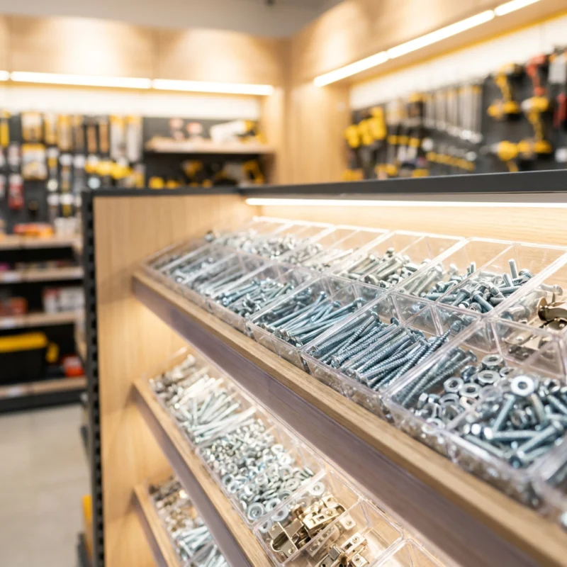 Organised hardware fixings and ironmongery in compartment trays
