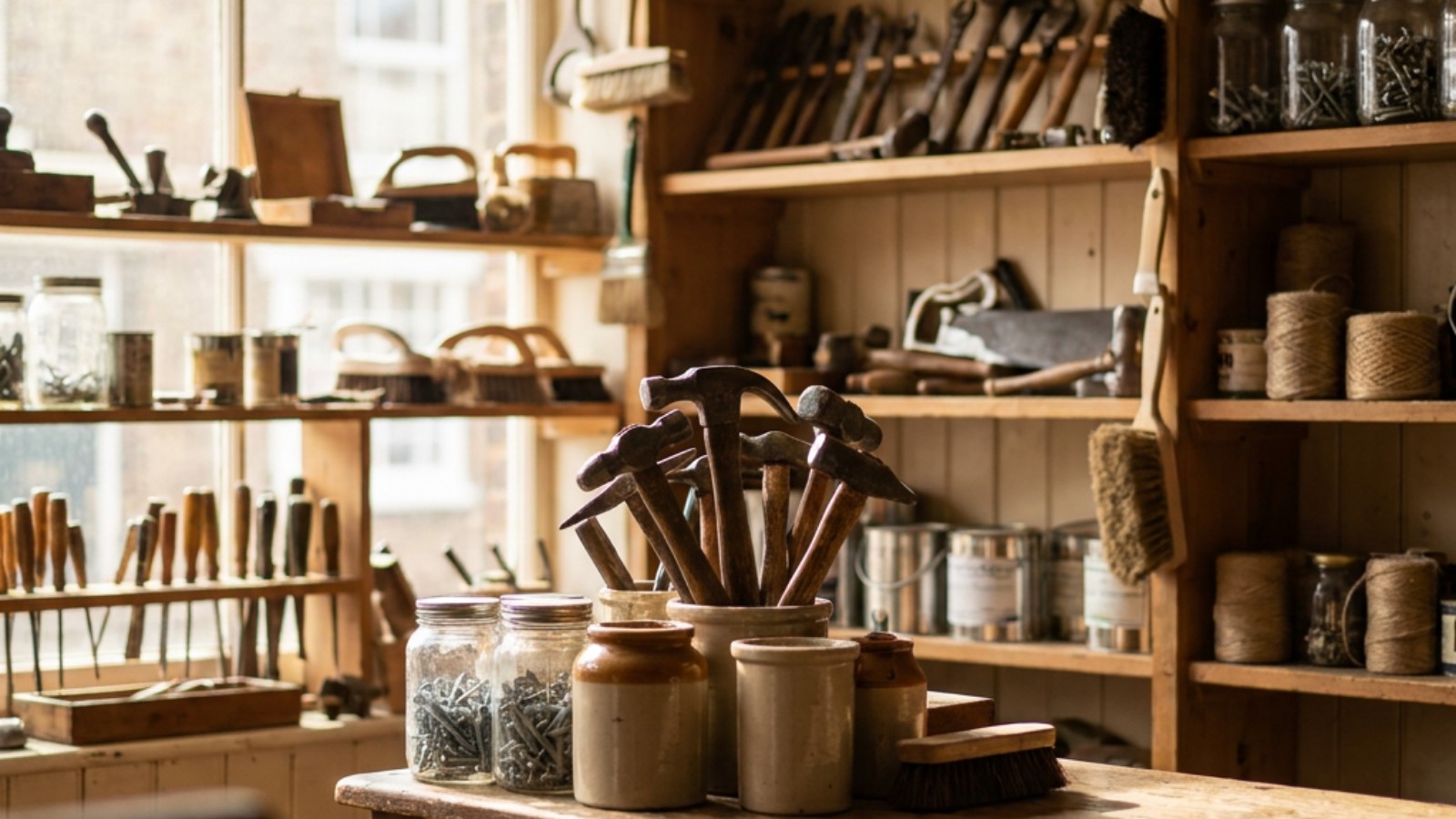 Hardware, tools and ironmongery on workshop shelving