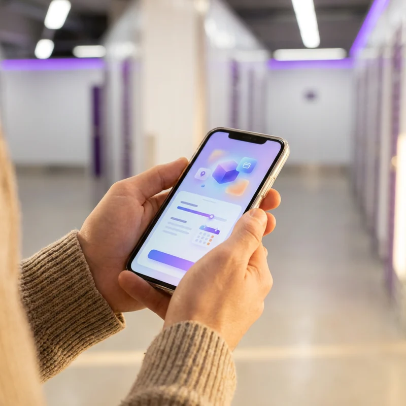 Customer reserving a self-storage unit online on a smartphone, with a purple-lit facility behind