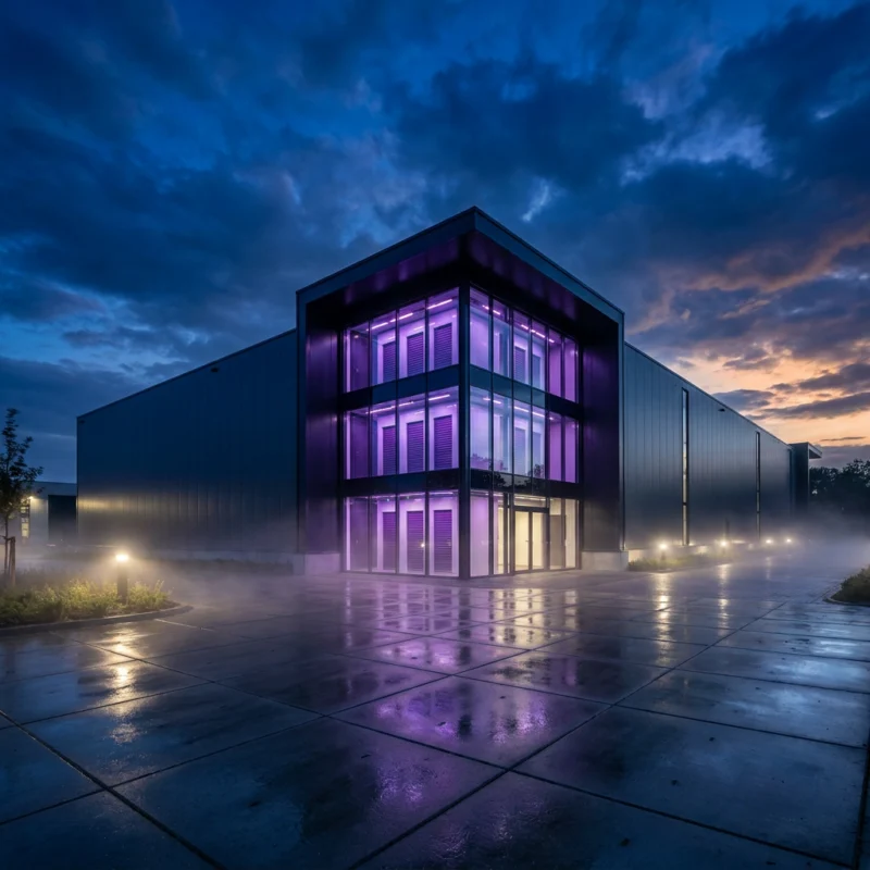 Modern self-storage facility at dusk with a glowing purple entrance, evoking the Purple Monkey Self Storage brand in Dewsbury