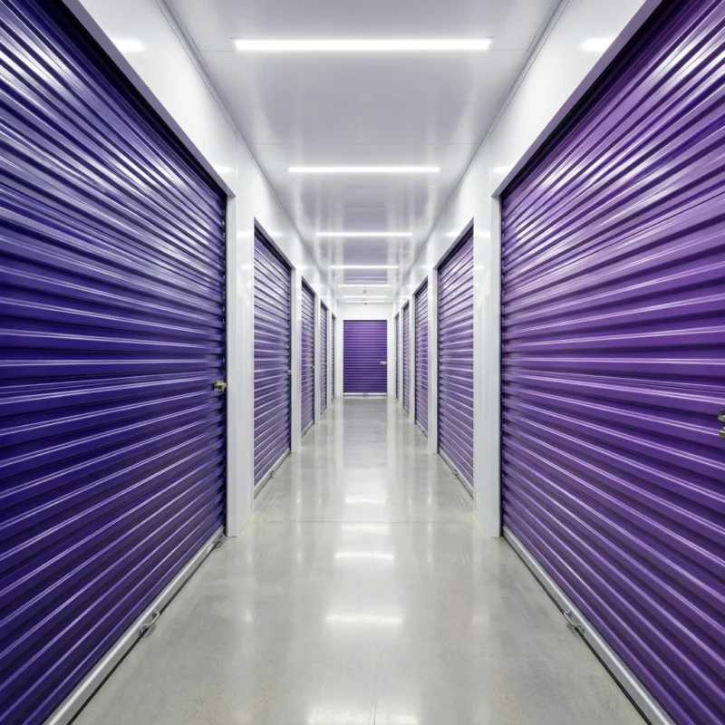 Bright, secure self-storage corridor with deep purple roller-shutter doors