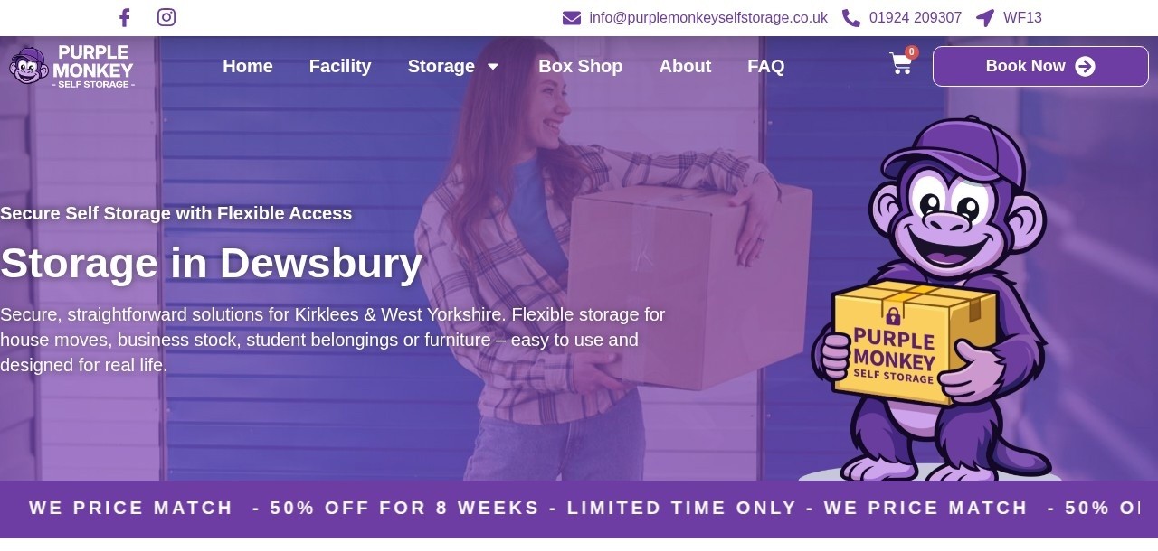 The Purple Monkey Self Storage website homepage built by Amax Marketing, showing the Storage in Dewsbury hero, mascot and online unit pricing