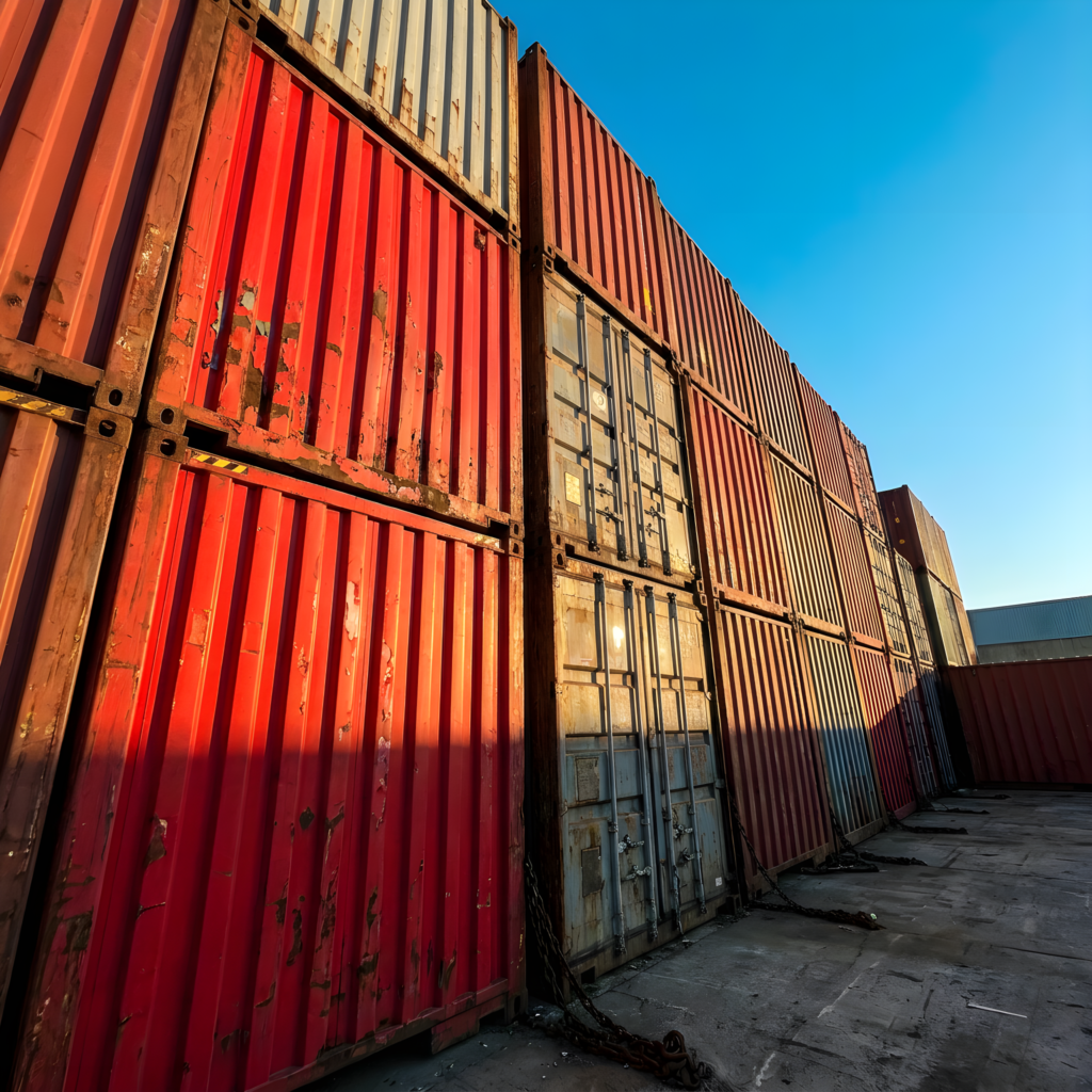 Stacked red shipping containers at an industrial yard - QuickFit Containers