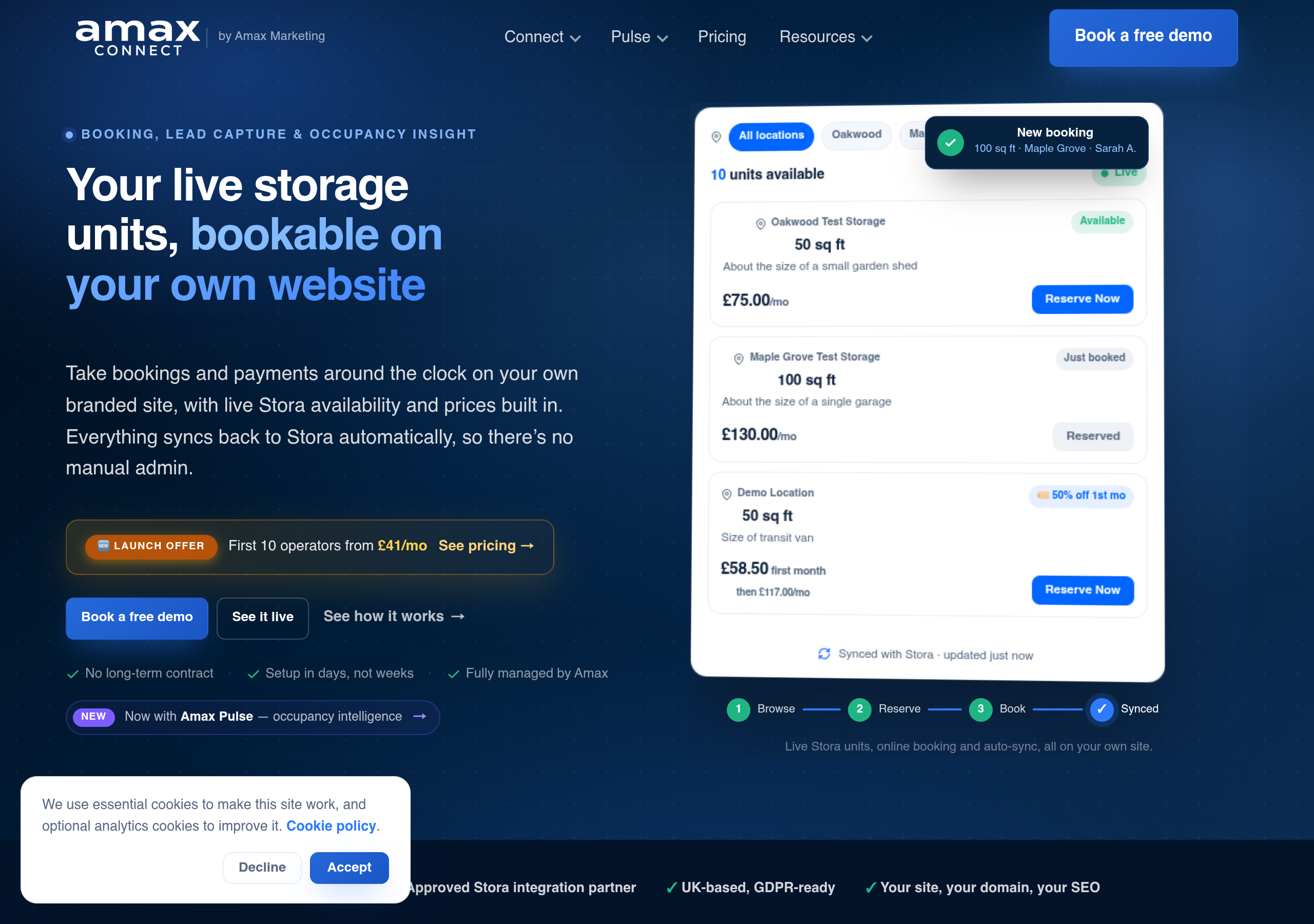 Self-Storage Plugins 48 Amax Connect — live Stora storefront and booking widget