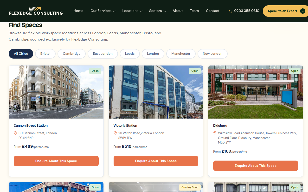 FlexEdge Find Spaces live workspace listings, synced daily from operator data feeds