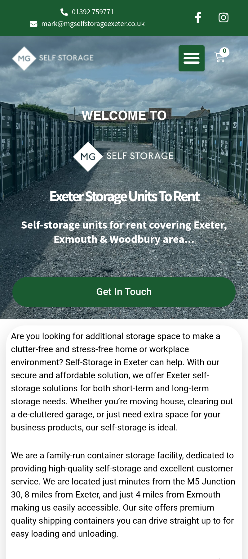 MG Self Storage website on mobile