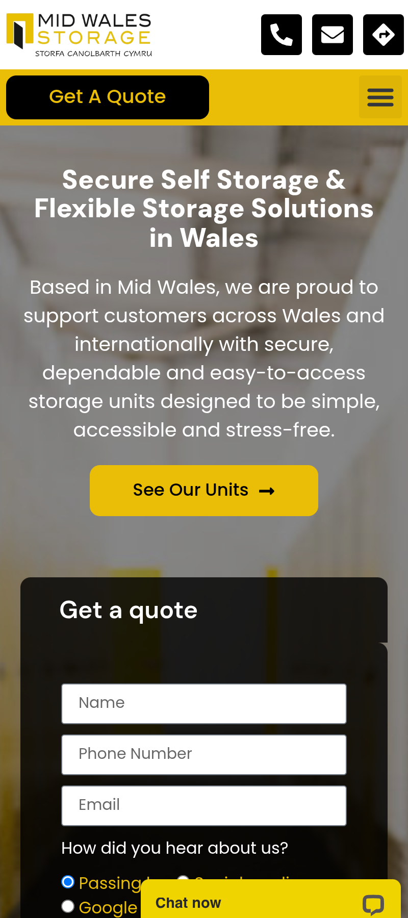 Mid Wales Storage website on mobile