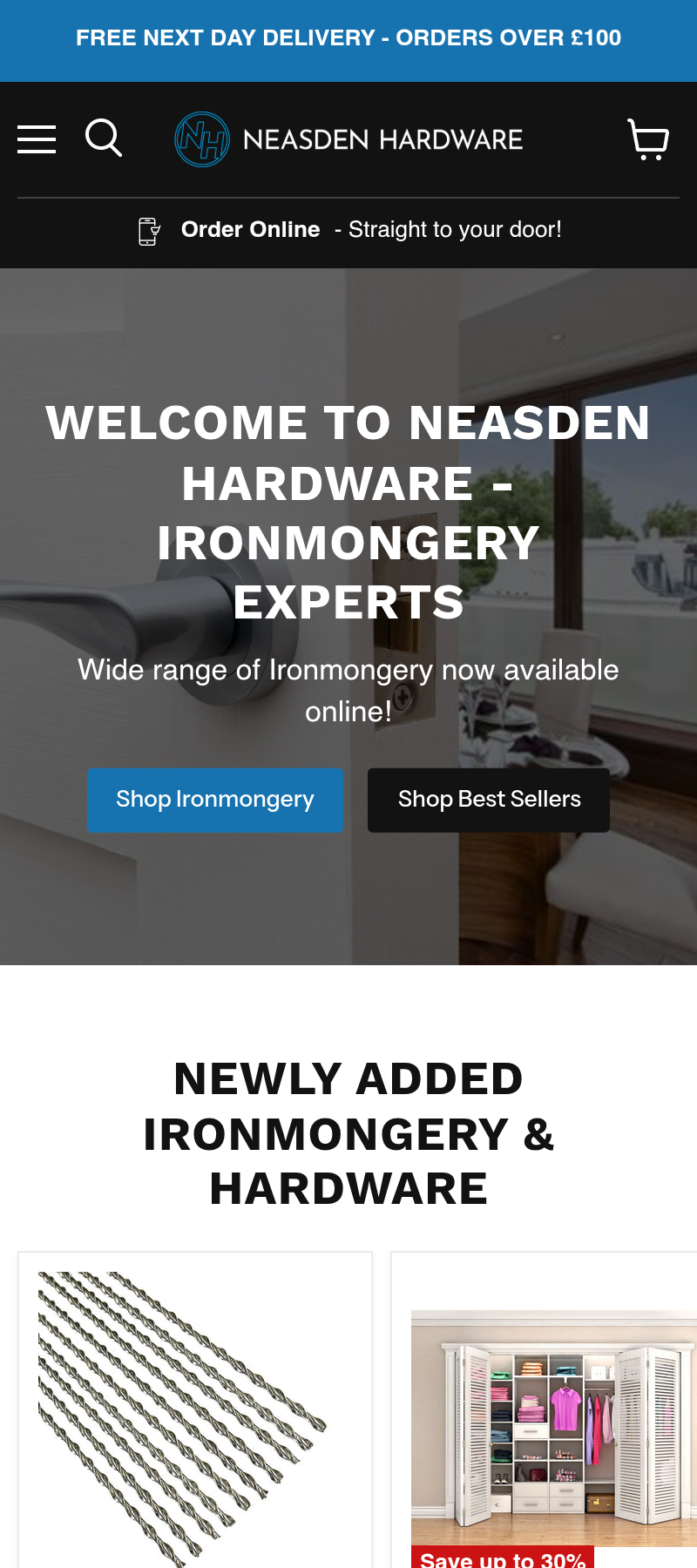 Neasden Hardware website on mobile