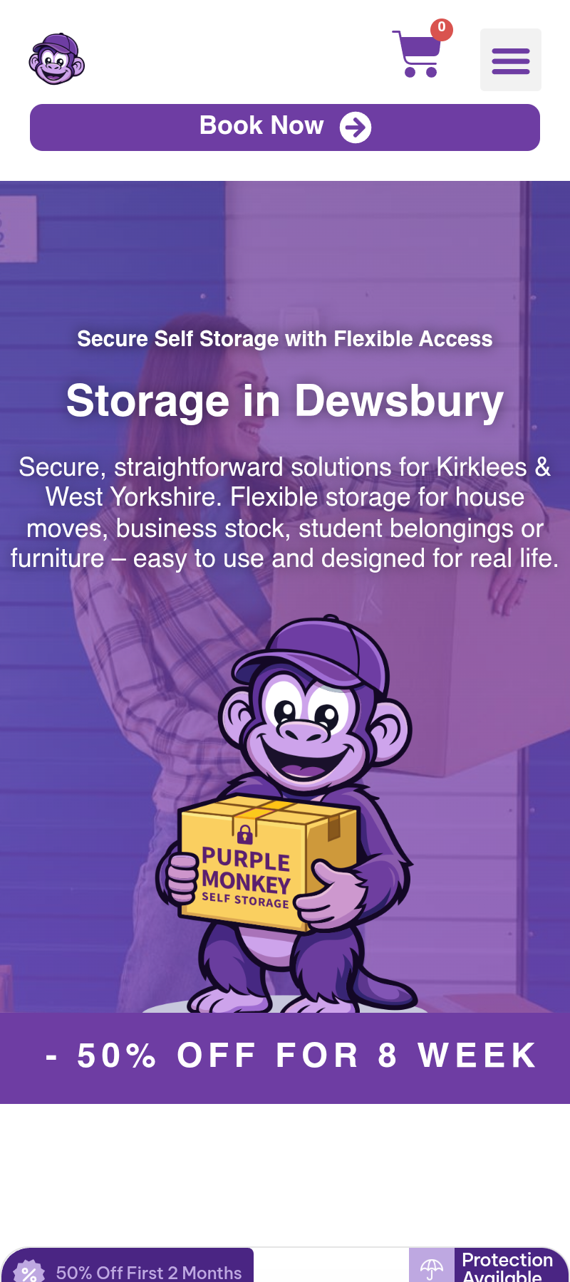 Purple Monkey Self Storage website on mobile