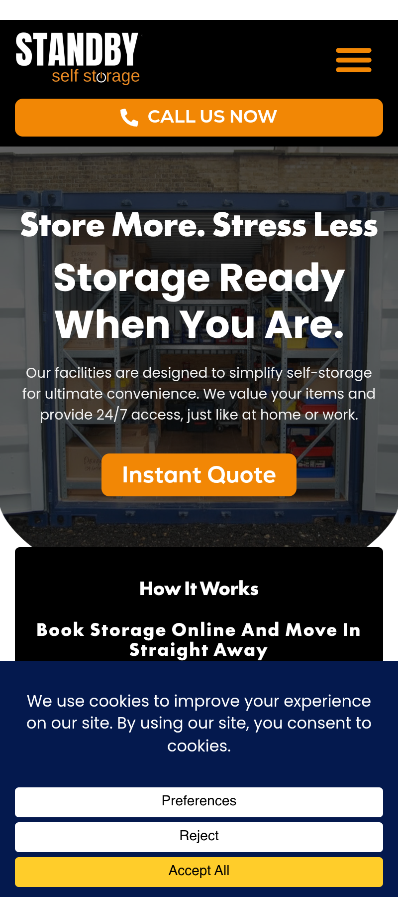 Standby Self Storage website on mobile