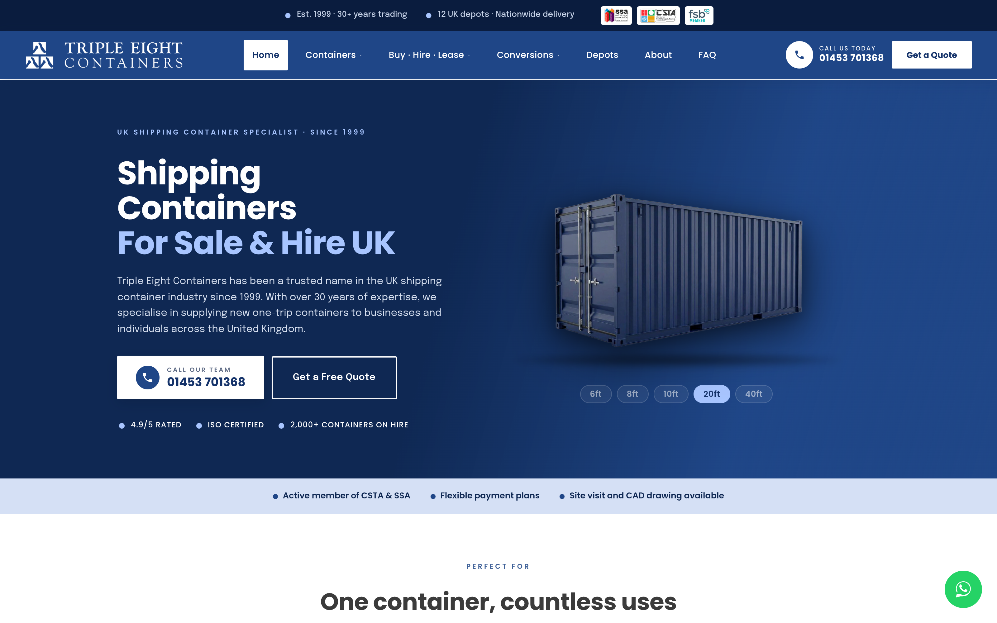 Triple Eight Containers homepage hero, showing a shipping container and size selector