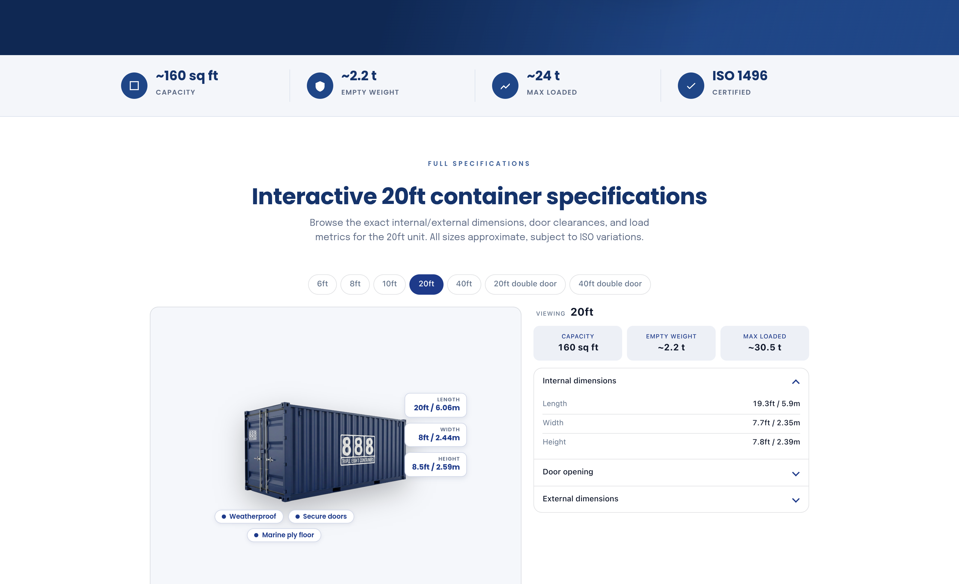 Interactive container specifications widget on the 20ft shipping container page, showing live dimensions and feature tags