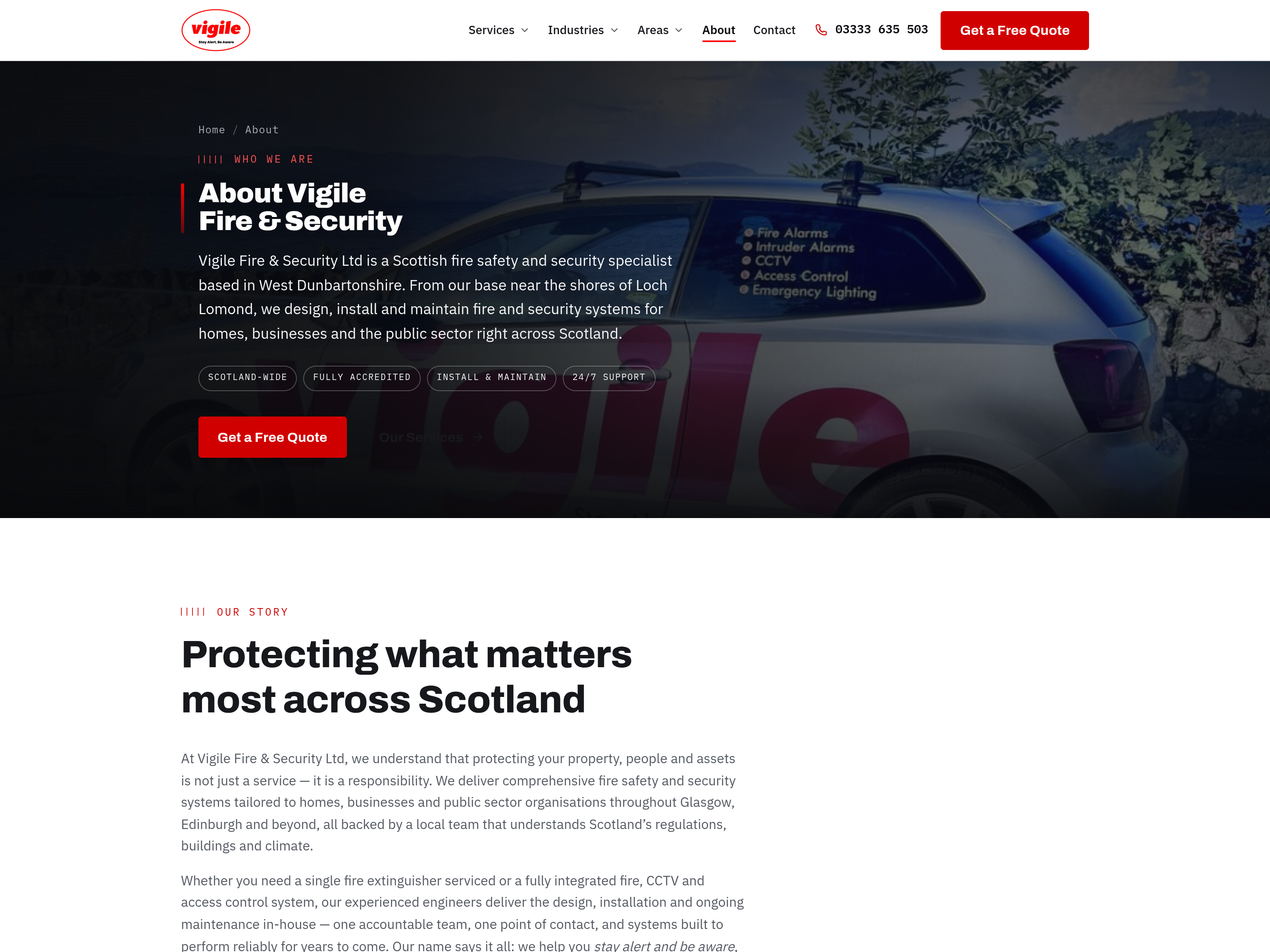 Vigile Fire and Security About page, showing the company story and Scotland-wide coverage