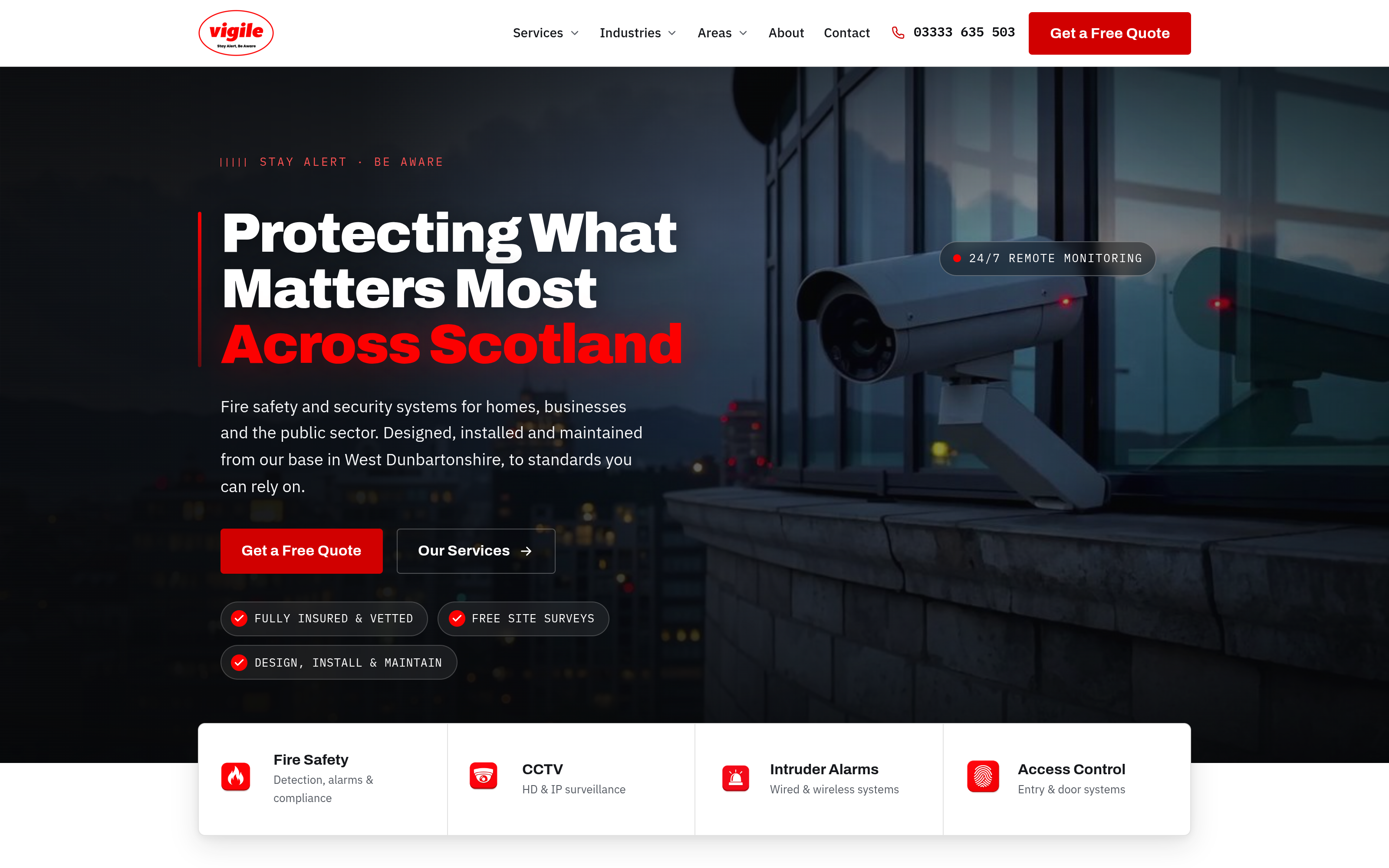 Vigile Fire and Security homepage, live at vigile.co.uk