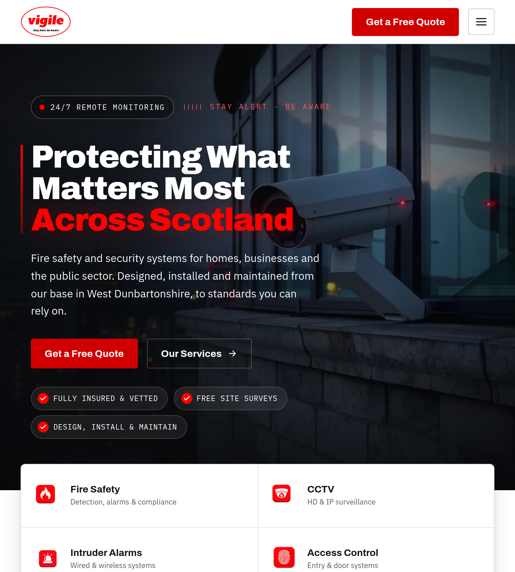 Vigile Fire and Security homepage hero, showing CCTV camera and services overview