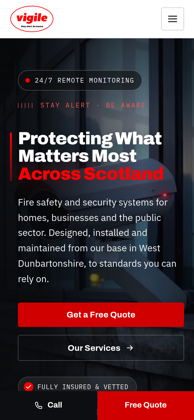 Vigile Fire and Security website on mobile