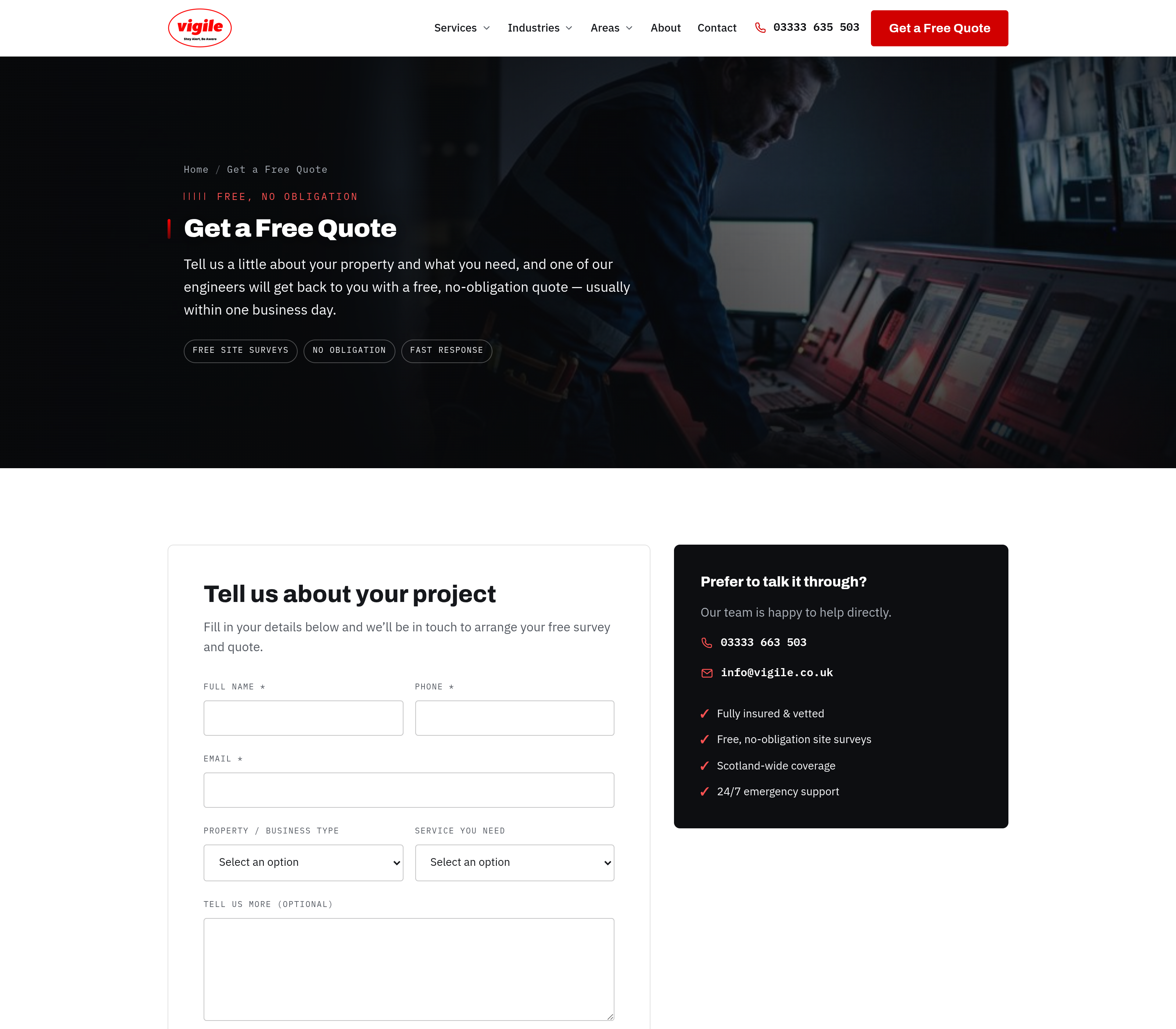 GDPR-compliant Get a Free Quote lead capture form built for Vigile Fire and Security