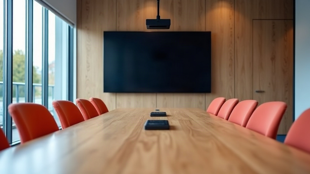 A modern meeting room with a wall display and long oak table, set up for video conferencing