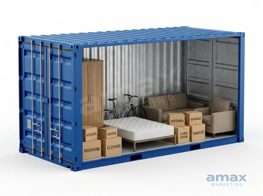 Cutaway 3D render of a branded self-storage container showing a realistic household load with labelled boxes